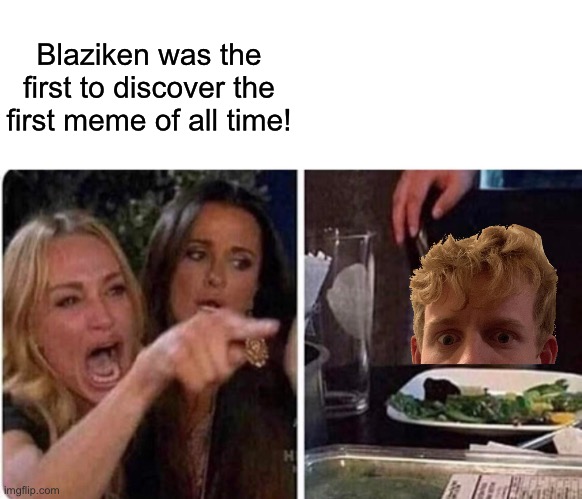 I am pretty sure people unironically think this. | Blaziken was the first to discover the first meme of all time! | image tagged in lady screams at cat,funny | made w/ Imgflip meme maker