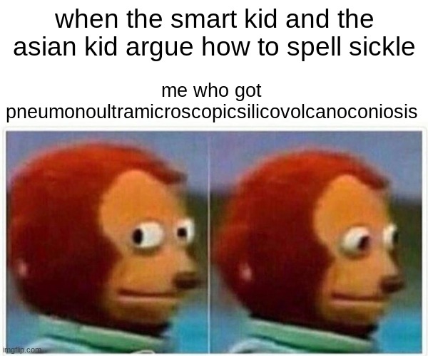 badabababa | when the smart kid and the asian kid argue how to spell sickle; me who got pneumonoultramicroscopicsilicovolcanoconiosis | image tagged in memes,monkey puppet | made w/ Imgflip meme maker
