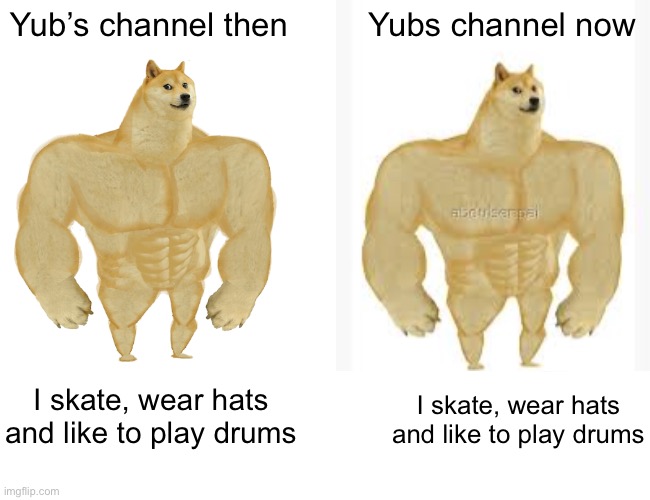 Buff Doge vs. Cheems | Yub’s channel then; Yubs channel now; I skate, wear hats and like to play drums; I skate, wear hats and like to play drums | image tagged in memes,buff doge vs cheems | made w/ Imgflip meme maker