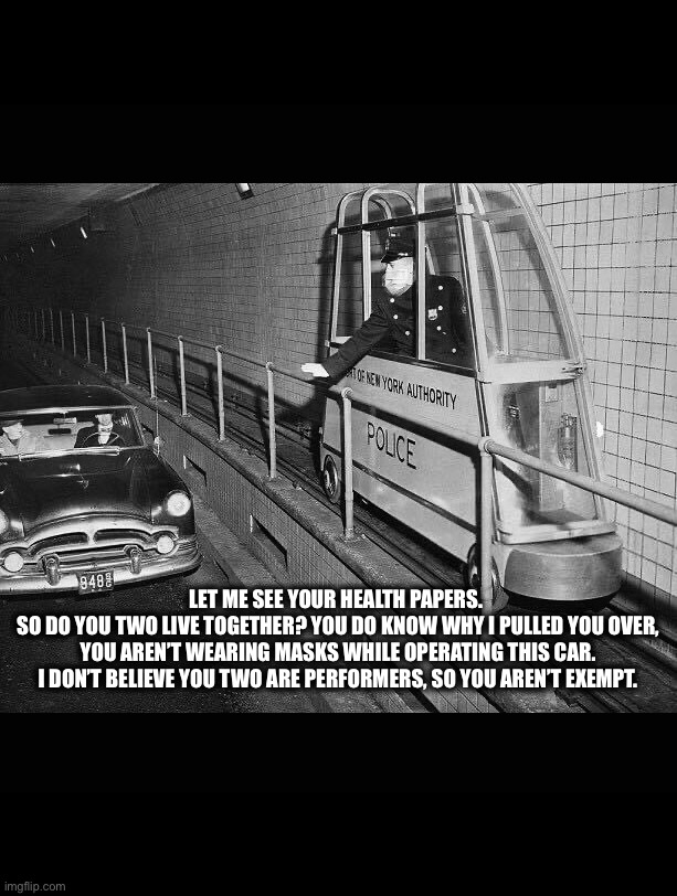 LET ME SEE YOUR HEALTH PAPERS. 
SO DO YOU TWO LIVE TOGETHER? YOU DO KNOW WHY I PULLED YOU OVER, YOU AREN’T WEARING MASKS WHILE OPERATING THIS CAR.
I DON’T BELIEVE YOU TWO ARE PERFORMERS, SO YOU AREN’T EXEMPT. | image tagged in police state,new world order,china virus,vaccine,covid19,masks | made w/ Imgflip meme maker