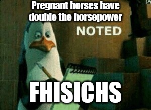 Noted | Pregnant horses have double the horsepower; FHISICHS | image tagged in noted | made w/ Imgflip meme maker