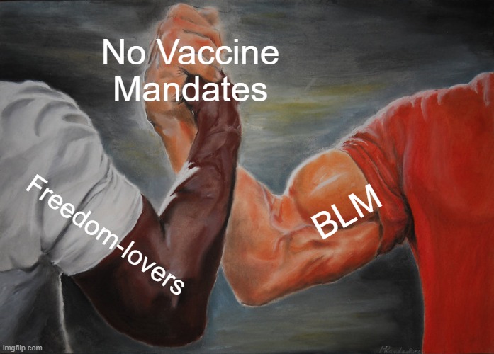We agree on something!!!! | No Vaccine Mandates; BLM; Freedom-lovers | image tagged in memes,epic handshake | made w/ Imgflip meme maker
