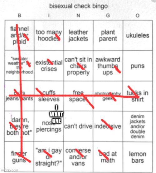 Bisexual Bingo | I WANT ONE | image tagged in bisexual bingo | made w/ Imgflip meme maker