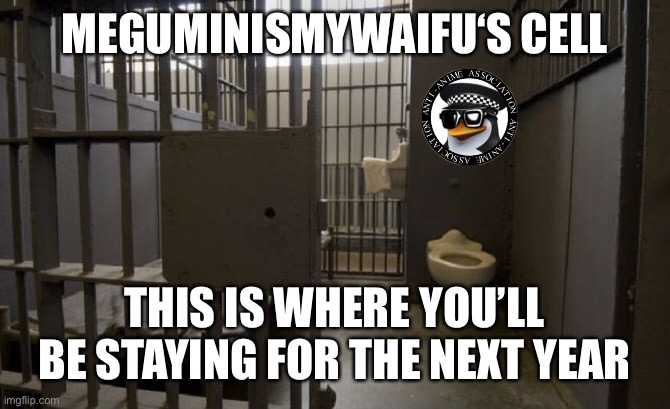 I’ll explain the offenses in the comments |  MEGUMINISMYWAIFU‘S CELL; THIS IS WHERE YOU’LL BE STAYING FOR THE NEXT YEAR | image tagged in jail cell | made w/ Imgflip meme maker