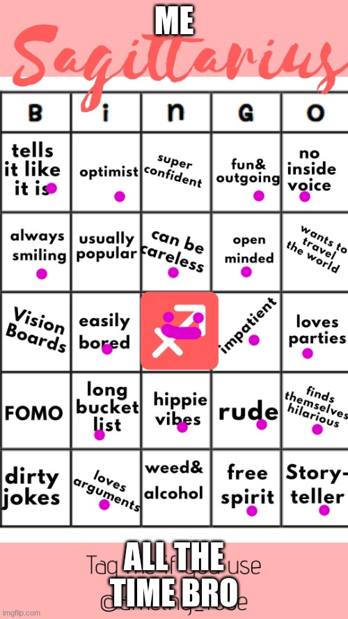 Sagittarius official bingo | ME; ALL THE TIME BRO | image tagged in sagittarius official bingo | made w/ Imgflip meme maker