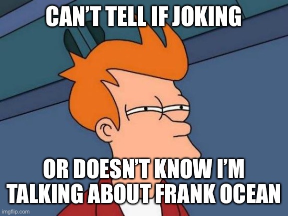 Futurama Fry Meme | CAN’T TELL IF JOKING; OR DOESN’T KNOW I’M TALKING ABOUT FRANK OCEAN | image tagged in memes,futurama fry | made w/ Imgflip meme maker