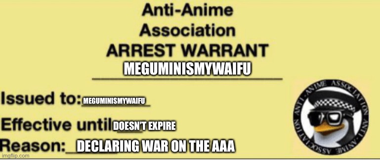 AAA ARREST WARRANT | MEGUMINISMYWAIFU; MEGUMINISMYWAIFU; DOESN’T EXPIRE; DECLARING WAR ON THE AAA | image tagged in aaa arrest warrant | made w/ Imgflip meme maker