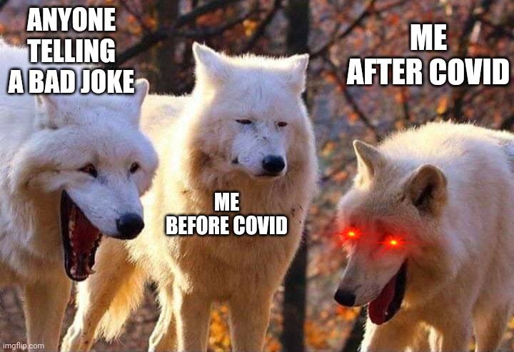 Mwehehehehehehehe | ANYONE TELLING A BAD JOKE; ME AFTER COVID; ME BEFORE COVID | image tagged in laughing wolf | made w/ Imgflip meme maker