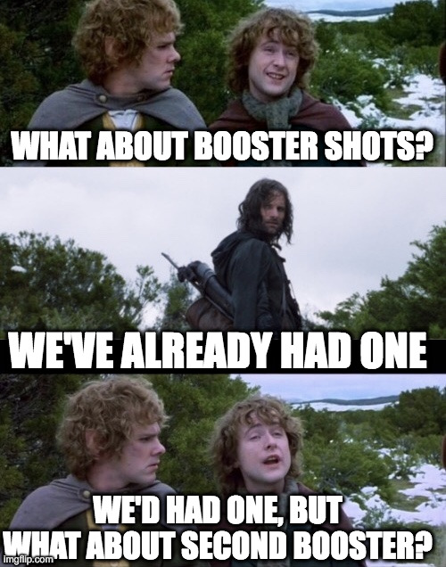 Pippin Second Breakfast Vaccine booster | WHAT ABOUT BOOSTER SHOTS? WE'VE ALREADY HAD ONE; WE'D HAD ONE, BUT WHAT ABOUT SECOND BOOSTER? | image tagged in pippin second breakfast,covid-19,vaccine,booster | made w/ Imgflip meme maker