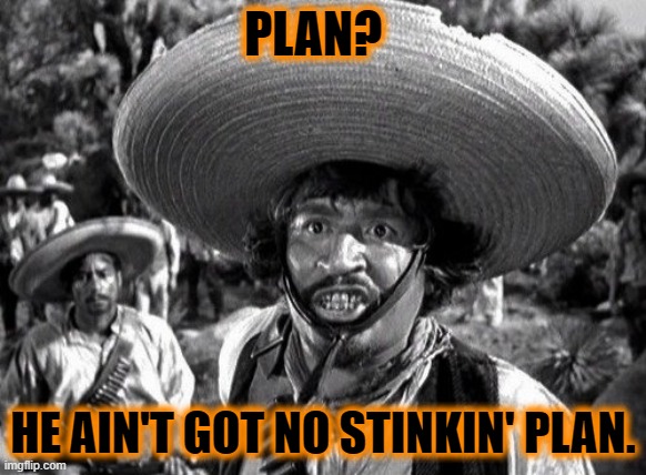 Stinkin Badges | PLAN? HE AIN'T GOT NO STINKIN' PLAN. | image tagged in stinkin badges | made w/ Imgflip meme maker