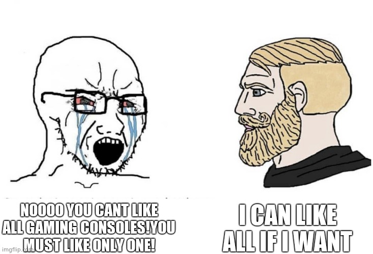 Soyboy Vs Yes Chad | I CAN LIKE ALL IF I WANT; NOOOO YOU CANT LIKE ALL GAMING CONSOLES!YOU MUST LIKE ONLY ONE! | image tagged in soyboy vs yes chad,gaming,console wars | made w/ Imgflip meme maker