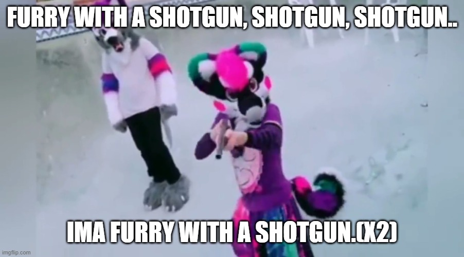 Don't mess with the furries | FURRY WITH A SHOTGUN, SHOTGUN, SHOTGUN.. IMA FURRY WITH A SHOTGUN.(X2) | image tagged in furry with shotgun | made w/ Imgflip meme maker