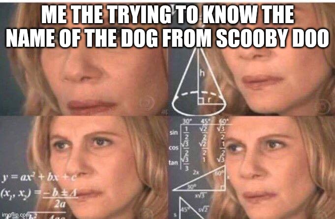 Who was he!! | ME THE TRYING TO KNOW THE NAME OF THE DOG FROM SCOOBY DOO | image tagged in math lady/confused lady | made w/ Imgflip meme maker