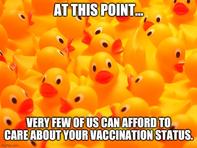 RUbber DUcks | AT THIS POINT... VERY FEW OF US CAN AFFORD TO CARE ABOUT YOUR VACCINATION STATUS. | image tagged in rubber ducks | made w/ Imgflip meme maker
