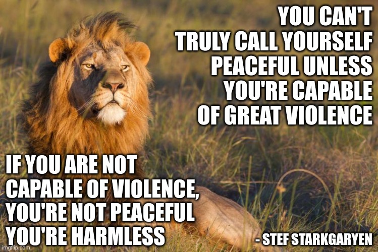 Defending freedom requires the strong, not the weak. | YOU CAN'T TRULY CALL YOURSELF PEACEFUL UNLESS YOU'RE CAPABLE OF GREAT VIOLENCE; IF YOU ARE NOT CAPABLE OF VIOLENCE, YOU'RE NOT PEACEFUL
YOU'RE HARMLESS; - STEF STARKGARYEN | image tagged in stoic lion | made w/ Imgflip meme maker