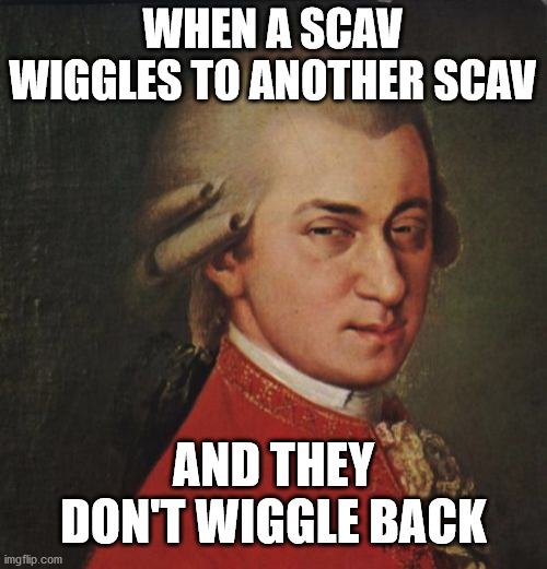 escape from tarkov. wiggling scavs | WHEN A SCAV WIGGLES TO ANOTHER SCAV; AND THEY DON'T WIGGLE BACK | image tagged in memes,mozart not sure | made w/ Imgflip meme maker