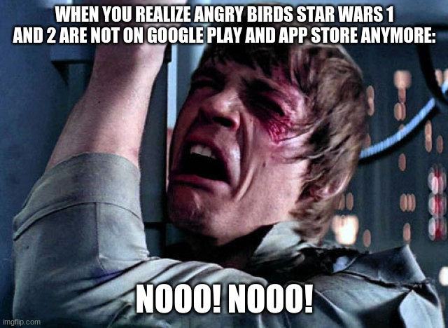F in the chat. | WHEN YOU REALIZE ANGRY BIRDS STAR WARS 1 AND 2 ARE NOT ON GOOGLE PLAY AND APP STORE ANYMORE:; NOOO! NOOO! | image tagged in nooo,memes,nostalgia,angry birds,star wars | made w/ Imgflip meme maker