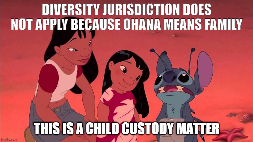 Diversity Jurisdiction for Stitch | DIVERSITY JURISDICTION DOES NOT APPLY BECAUSE OHANA MEANS FAMILY; THIS IS A CHILD CUSTODY MATTER | image tagged in ohana means family | made w/ Imgflip meme maker