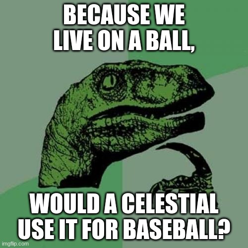 Philosoraptor | BECAUSE WE LIVE ON A BALL, WOULD A CELESTIAL USE IT FOR BASEBALL? | image tagged in memes,philosoraptor | made w/ Imgflip meme maker