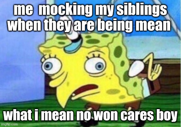 Mocking Spongebob | me  mocking my siblings when they are being mean; what i mean no won cares boy | image tagged in memes,mocking spongebob | made w/ Imgflip meme maker