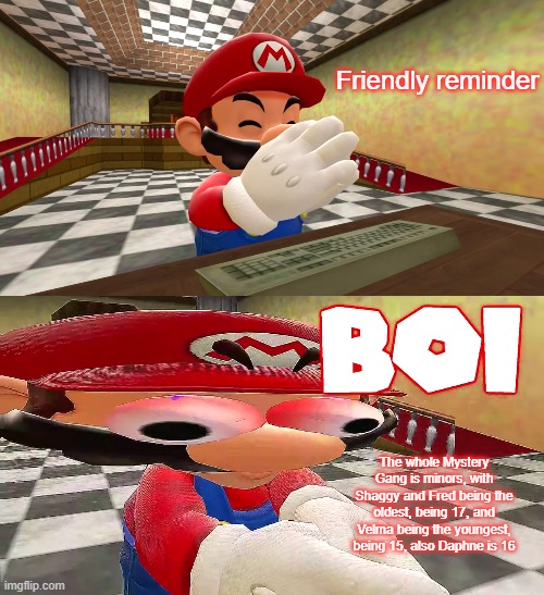 SMG4 Mario Plays Unfair Mario: B O I | Friendly reminder; The whole Mystery Gang is minors, with Shaggy and Fred being the oldest, being 17, and Velma being the youngest, being 15, also Daphne is 16 | image tagged in smg4 mario plays unfair mario b o i | made w/ Imgflip meme maker