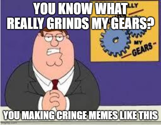 You know what really grinds my gears | YOU KNOW WHAT REALLY GRINDS MY GEARS? YOU MAKING CRINGE MEMES LIKE THIS | image tagged in you know what really grinds my gears | made w/ Imgflip meme maker