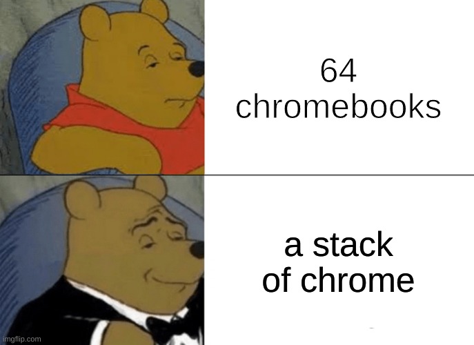Tuxedo Winnie The Pooh | 64 chromebooks; a stack of chrome | image tagged in memes,tuxedo winnie the pooh | made w/ Imgflip meme maker