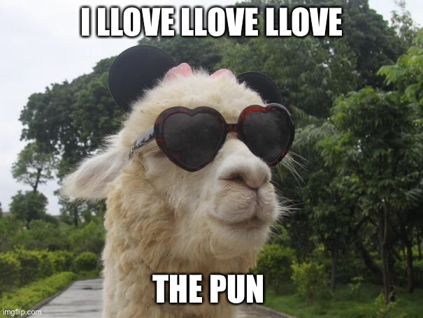 Llamas love ppuns | I LLOVE LLOVE LLOVE; THE PUN | image tagged in cool llama,pun llama,llove,llama | made w/ Imgflip meme maker
