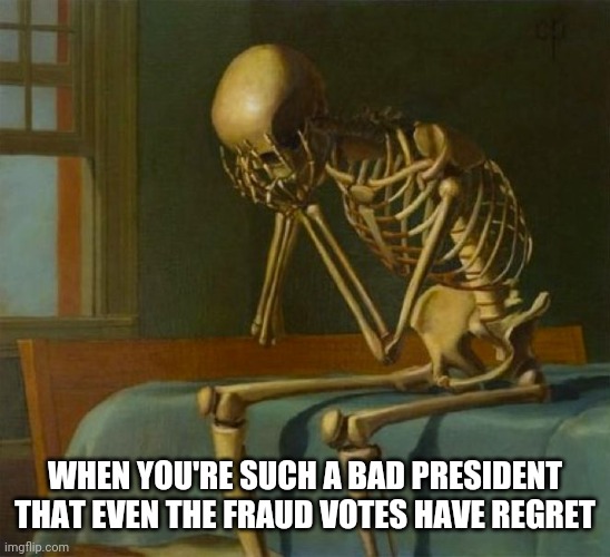 Sad skeleton | WHEN YOU'RE SUCH A BAD PRESIDENT THAT EVEN THE FRAUD VOTES HAVE REGRET | image tagged in sad skeleton | made w/ Imgflip meme maker