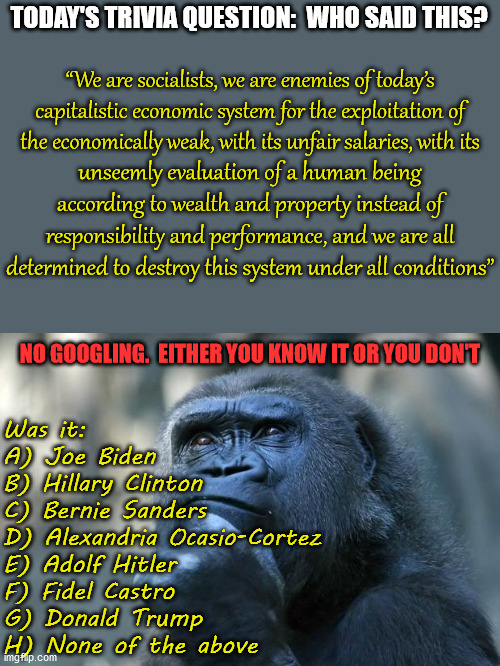 Here's a clue.  It's not Antifa or BLM.  It is not part of critical race theory. | TODAY'S TRIVIA QUESTION:  WHO SAID THIS? “We are socialists, we are enemies of today’s
capitalistic economic system for the exploitation of the economically weak, with its unfair salaries, with its; unseemly evaluation of a human being according to wealth and property instead of responsibility and performance, and we are all determined to destroy this system under all conditions”; NO GOOGLING.  EITHER YOU KNOW IT OR YOU DON'T; Was it:
A) Joe Biden
B) Hillary Clinton
C) Bernie Sanders
D) Alexandria Ocasio-Cortez
E) Adolf Hitler
F) Fidel Castro
G) Donald Trump
H) None of the above | image tagged in trivia,socialism,who said this | made w/ Imgflip meme maker