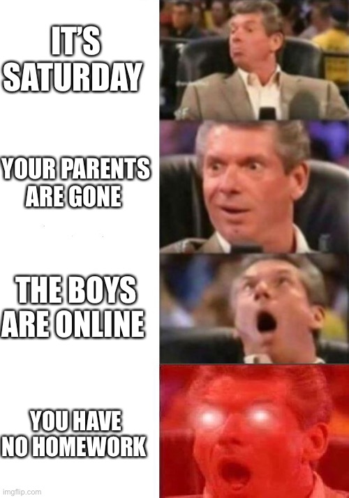 If this happens to you. You will know that god loves you. |  IT’S SATURDAY; YOUR PARENTS ARE GONE; THE BOYS ARE ONLINE; YOU HAVE NO HOMEWORK | image tagged in mr mcmahon reaction | made w/ Imgflip meme maker