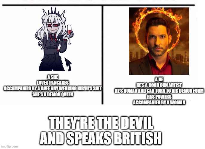 Helltaker Lucifer vs Netflix Lucifer | A HE
HE'S A GOOD CON ARTIST
HE'S HUMAN AND CAN TURN TO HIS DEMON FORM
HAS POWERS
ACCOMPANIED BY A WOMAN; A SHE
LOVES PANCAKES
ACCOMPANIED BY A BUFF GUY WEARING KIRYU'S SUIT
SHE'S A DEMON QUEEN; THEY'RE THE DEVIL AND SPEAKS BRITISH | image tagged in comparison table,lucifer | made w/ Imgflip meme maker
