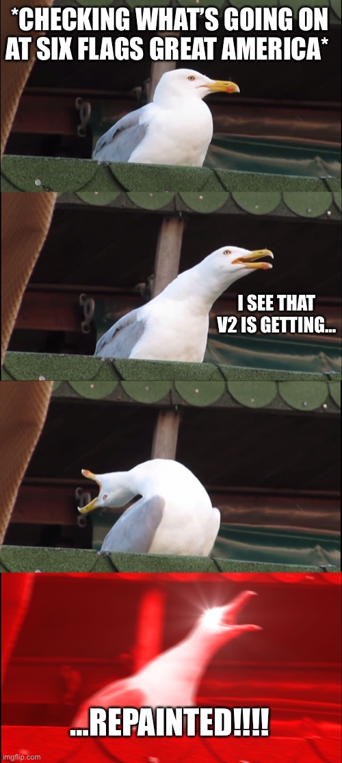 Inhaling Seagull |  *CHECKING WHAT’S GOING ON AT SIX FLAGS GREAT AMERICA*; I SEE THAT V2 IS GETTING…; …REPAINTED!!!! | image tagged in memes,inhaling seagull,six flags,funny,news update | made w/ Imgflip meme maker