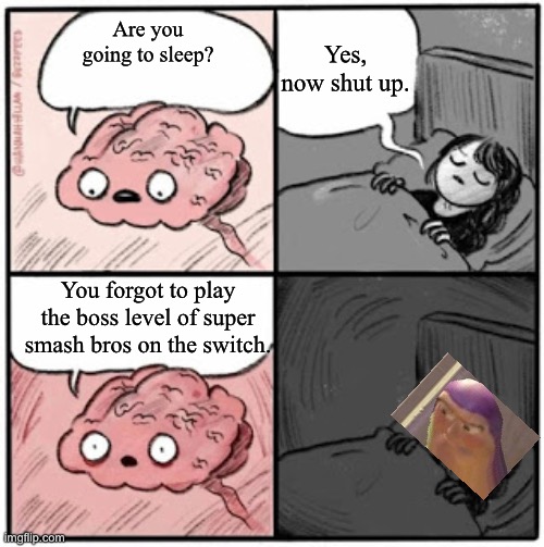 Uh oh | Yes, now shut up. Are you going to sleep? You forgot to play the boss level of super smash bros on the switch. | image tagged in brain before sleep | made w/ Imgflip meme maker