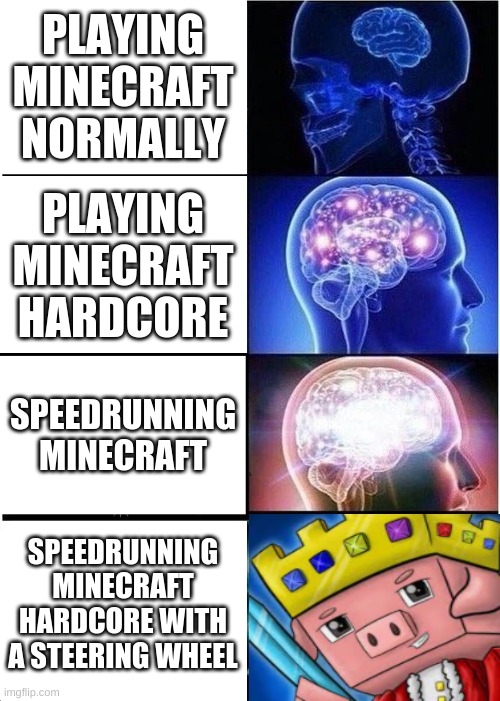 Expanding Brain | PLAYING MINECRAFT NORMALLY; PLAYING MINECRAFT HARDCORE; SPEEDRUNNING MINECRAFT; SPEEDRUNNING MINECRAFT HARDCORE WITH A STEERING WHEEL | image tagged in memes,expanding brain,minecraft,technoblade | made w/ Imgflip meme maker