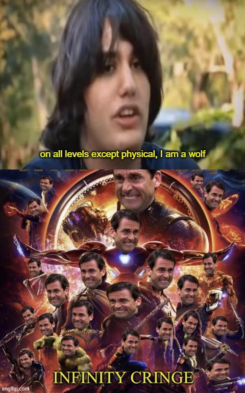 THIS IS A LEGITIMATE VIDEO FROM AN UNIRONIC PERSON | on all levels except physical, I am a wolf | image tagged in infinity cringe,memes,funny,cringe | made w/ Imgflip meme maker