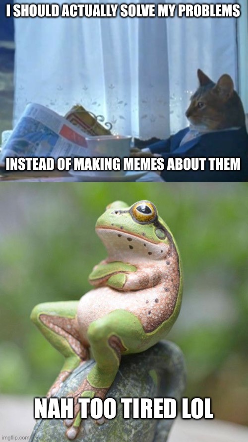 I SHOULD ACTUALLY SOLVE MY PROBLEMS; INSTEAD OF MAKING MEMES ABOUT THEM; NAH TOO TIRED LOL | image tagged in memes,i should buy a boat cat,nah frog,lazy,laziness | made w/ Imgflip meme maker