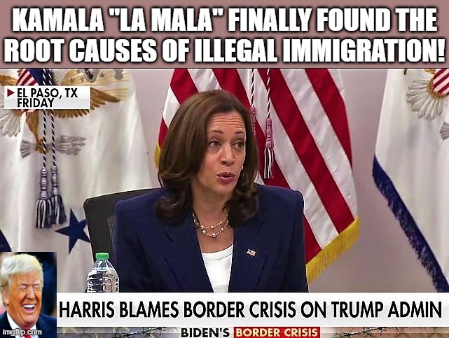 kamala blames trump | KAMALA "LA MALA" FINALLY FOUND THE
ROOT CAUSES OF ILLEGAL IMMIGRATION! | image tagged in political humor,political meme,kamala harris,donald trump,illegal immigration,root causes | made w/ Imgflip meme maker