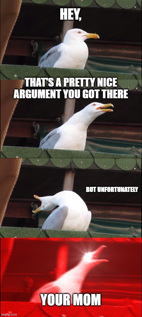 your mom | HEY, THAT'S A PRETTY NICE ARGUMENT YOU GOT THERE; BUT UNFORTUNATELY; YOUR MOM | image tagged in memes,inhaling seagull,your mom,seagull,funny | made w/ Imgflip meme maker