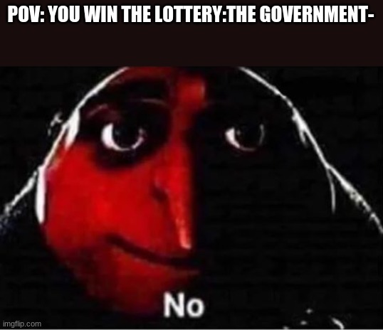 Gru No | POV: YOU WIN THE LOTTERY:THE GOVERNMENT- | image tagged in gru no | made w/ Imgflip meme maker