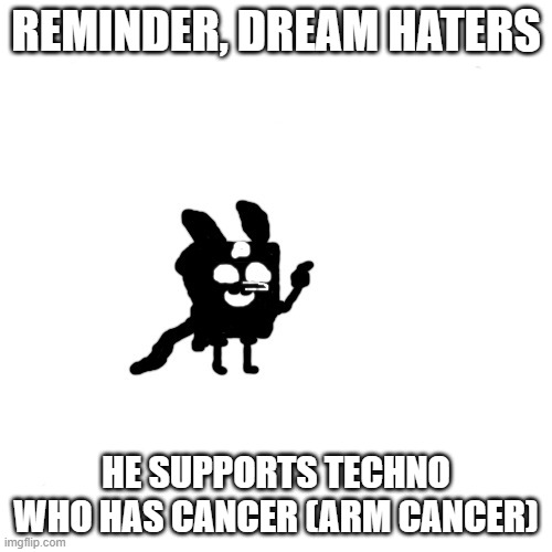 idiot spunch bop | REMINDER, DREAM HATERS; HE SUPPORTS TECHNO WHO HAS CANCER (ARM CANCER) | image tagged in idiot spunch bop | made w/ Imgflip meme maker