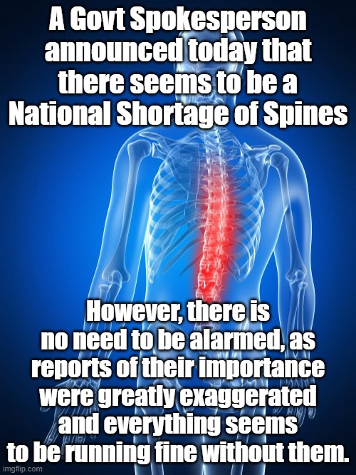 Spineless | A Govt Spokesperson announced today that there seems to be a National Shortage of Spines; However, there is no need to be alarmed, as reports of their importance were greatly exaggerated and everything seems to be running fine without them. | image tagged in covid | made w/ Imgflip meme maker