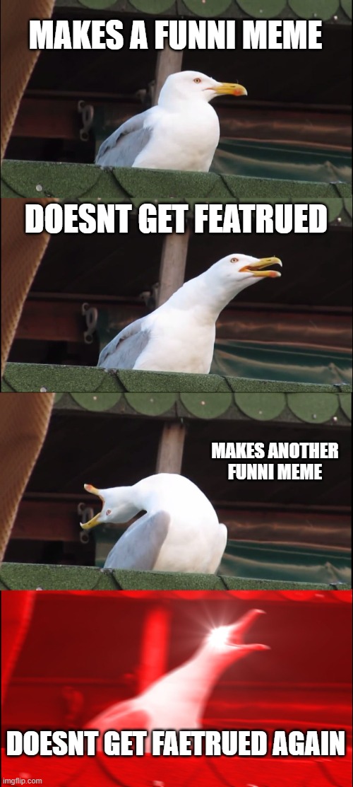 Inhaling Seagull | MAKES A FUNNI MEME; DOESNT GET FEATRUED; MAKES ANOTHER FUNNI MEME; DOESNT GET FAETRUED AGAIN | image tagged in memes,inhaling seagull | made w/ Imgflip meme maker