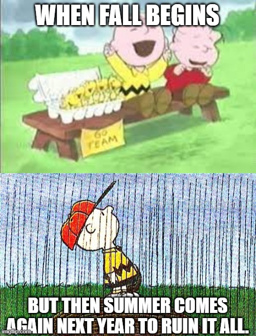 Summer in a nutshell. | WHEN FALL BEGINS; BUT THEN SUMMER COMES AGAIN NEXT YEAR TO RUIN IT ALL. | image tagged in funny memes | made w/ Imgflip meme maker