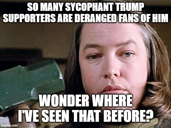 misery | SO MANY SYCOPHANT TRUMP SUPPORTERS ARE DERANGED FANS OF HIM; WONDER WHERE I'VE SEEN THAT BEFORE? | image tagged in misery | made w/ Imgflip meme maker