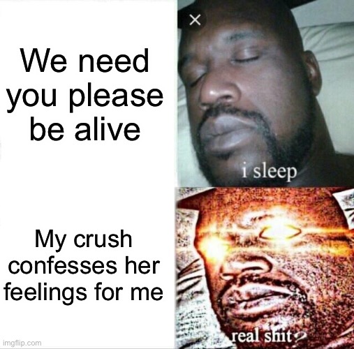 Sleeping Shaq Meme | We need you please be alive; My crush confesses her feelings for me | image tagged in memes,sleeping shaq | made w/ Imgflip meme maker