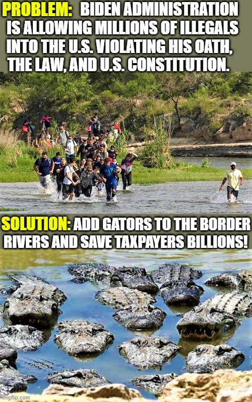 illegal immigration, add gators to the border rivers |  PROBLEM:; BIDEN ADMINISTRATION    
IS ALLOWING MILLIONS OF ILLEGALS    
INTO THE U.S. VIOLATING HIS OATH,      
THE LAW, AND U.S. CONSTITUTION. ADD GATORS TO THE BORDER
RIVERS AND SAVE TAXPAYERS BILLIONS! SOLUTION: | image tagged in illegal immigration,joe biden,the constitution,law,gators,taxpayer | made w/ Imgflip meme maker