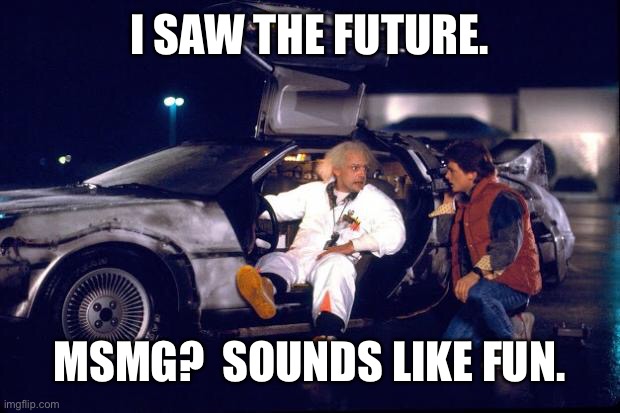 Should have stayed longer | I SAW THE FUTURE. MSMG?  SOUNDS LIKE FUN. | image tagged in back to the future | made w/ Imgflip meme maker