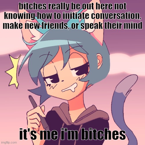 e | bitches really be out here not knowing how to initiate conversation, make new friends, or speak their mind; it's me i'm bitches | image tagged in e | made w/ Imgflip meme maker