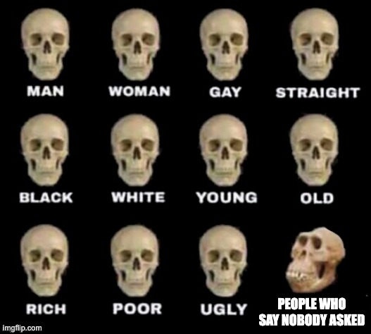 Trash insult | PEOPLE WHO SAY NOBODY ASKED | image tagged in idiot skull | made w/ Imgflip meme maker
